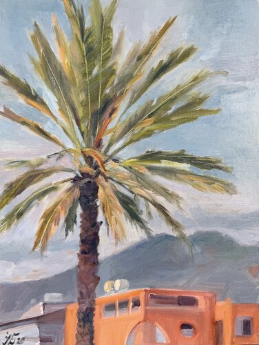 Sunlit Terrace Palm de Iryna Barabash, Pintura a la venta en Singulart