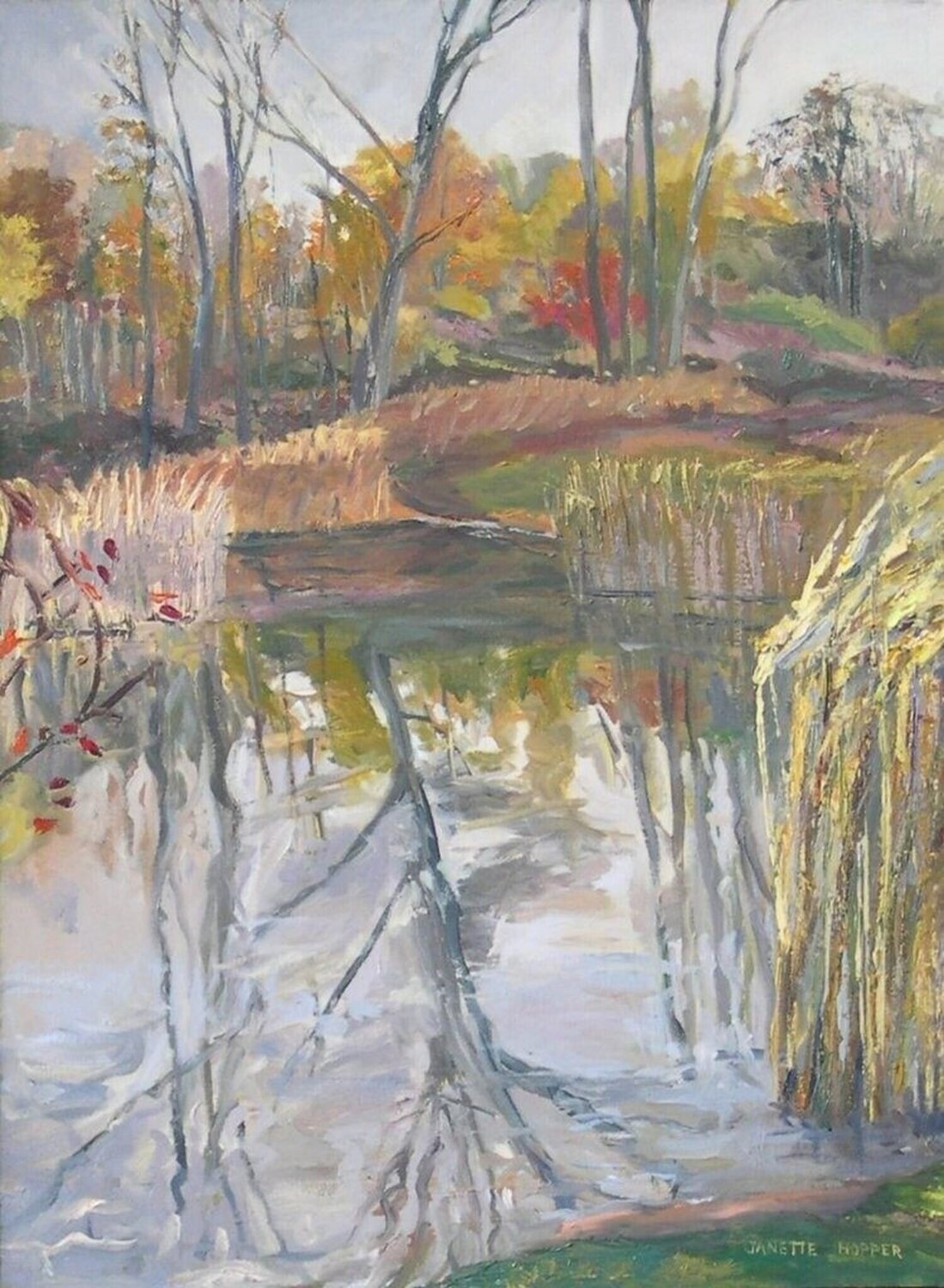 Cattail Pond Janette K. Hopper Dipinto originale in vendita