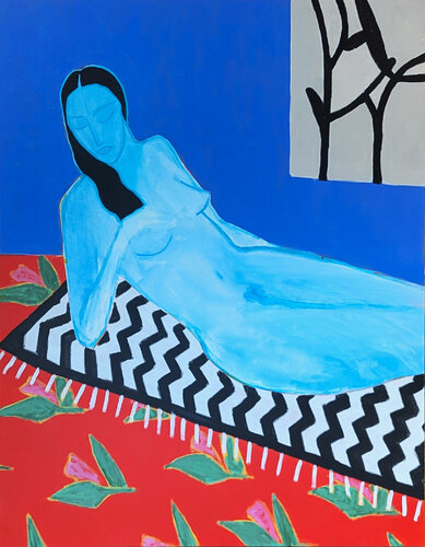 "Sleep" Contemporary Colorful Blue and Red Reclining Nude Female Figure Painting von Emmanuel Araujo, Malerei kaufen auf Singulart
