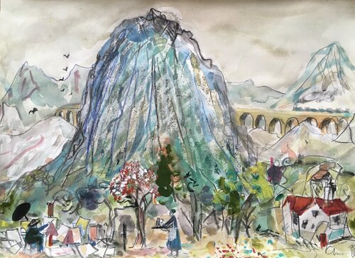 Cezanne Paints Mount St Victoire with train di Chris Orr, Opera su carta in vendita su Singulart