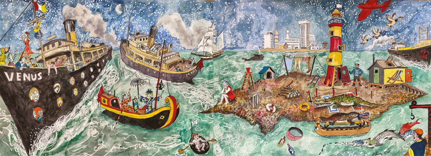 Ships that pass in the night and lighthouse Keeper's daughter, diptych Chris Orr Werk auf Papier zu verkaufen