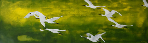 Flight of Spoonbills by Kay Sleking, 회화 for Sale on Singulart