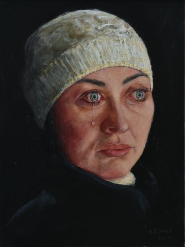 The Ukrainian Woman in a Bomb Shelter van Stephen Remick, Schilderij te koop op Singulart