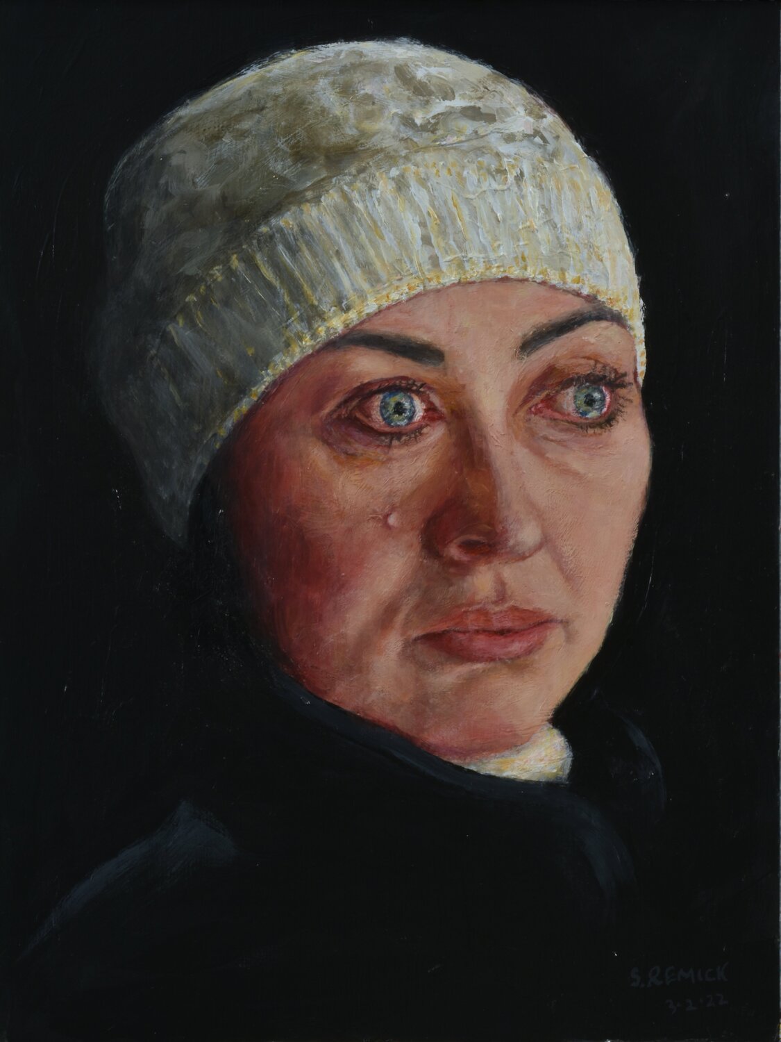 The Ukrainian Woman in a Bomb Shelter Stephen Remick Originalgemälde zu verkaufen