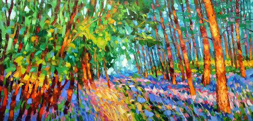 Dawn rays in the forest par Dmitry Spiros, Peinture en vente sur Singulart