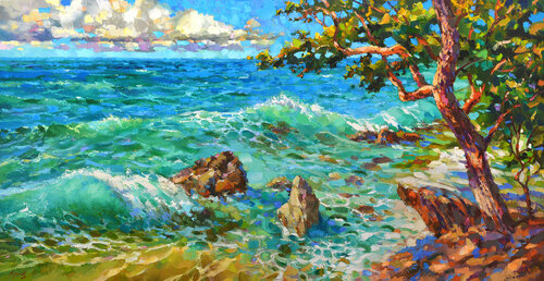 Azure bay on the rocky shore di Dmitry Spiros, Pittura in vendita su Singulart