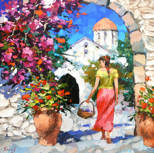 Greek women with basket van Dmitry Spiros, Schilderij te koop op Singulart
