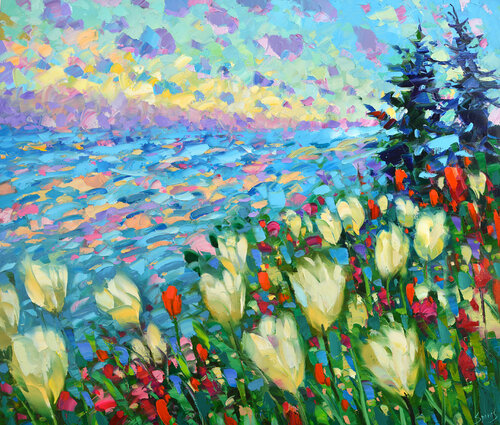 Tulips on the slope by Dmitry Spiros, Painting for Sale on Singulart