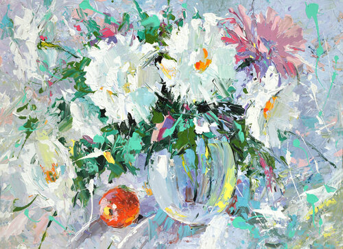 Flowers & apple van Dmitry Spiros, Schilderij te koop op Singulart