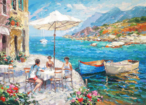 On the terrace by the sea di Dmitry Spiros, Pittura in vendita su Singulart