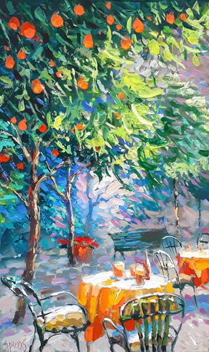 In the shade of cafe par Dmitry Spiros, Peinture en vente sur Singulart