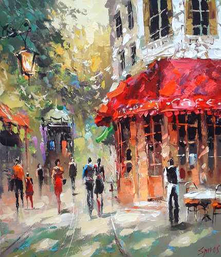 At the Paris cafe september di Dmitry Spiros, Pittura in vendita su Singulart
