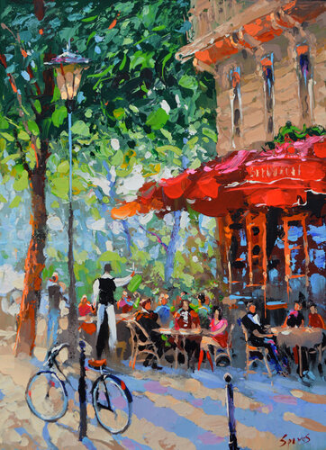 At the parisian cafe di Dmitry Spiros, Pittura in vendita su Singulart