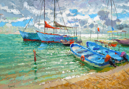 Boats on the island of women 2 di Dmitry Spiros, Pittura in vendita su Singulart