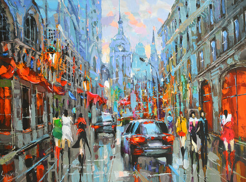 On the boulevard in the morning di Dmitry Spiros, Pittura in vendita su Singulart