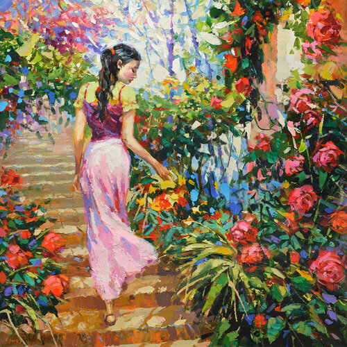 In the flower garden di Dmitry Spiros, Pittura in vendita su Singulart