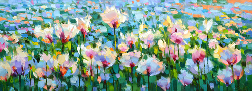 White peonies in the field sunrise by Dmitry Spiros, Painting for Sale on Singulart
