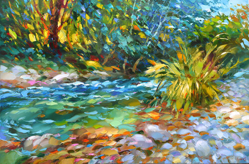 Morning light Chacamax mountain river, Palenque in México di Dmitry Spiros, Pittura in vendita su Singulart