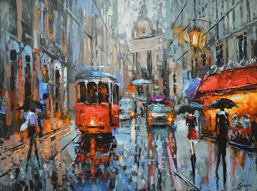 Rainy street di Dmitry Spiros, Pittura in vendita su Singulart