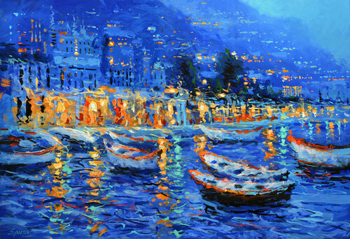 The lights of the dormant bay di Dmitry Spiros, Pittura in vendita su Singulart