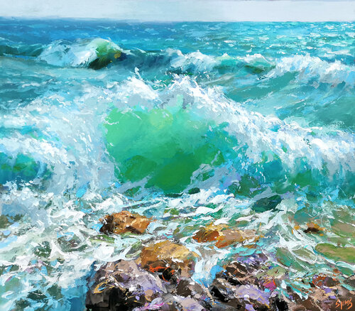 Caribbean waves at noon par Dmitry Spiros, Peinture en vente sur Singulart