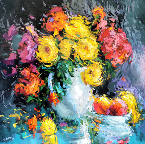 Peonies in a white vase di Dmitry Spiros, Pittura in vendita su Singulart