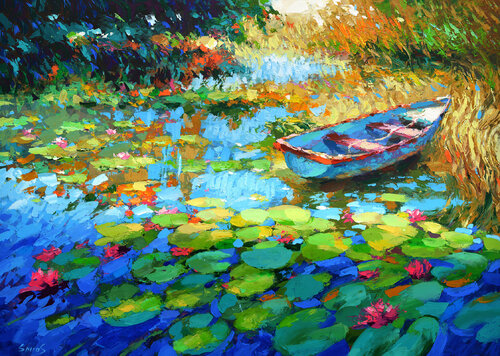 The still waters of a lilies pond di Dmitry Spiros, Pittura in vendita su Singulart