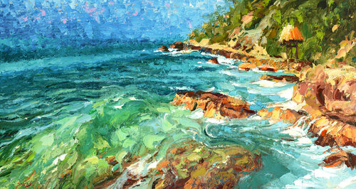 Rocky shore on island of women, Mexico von Dmitry Spiros, Malerei kaufen auf Singulart