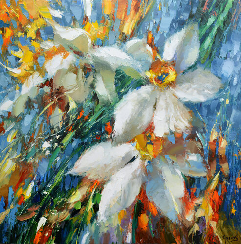 FLOWERS white on blue van Dmitry Spiros, Schilderij te koop op Singulart