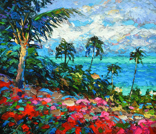 "Palm trees on the shore" van Dmitry Spiros, Schilderij te koop op Singulart