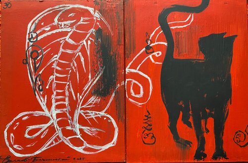 "Diptych Cobra and a Black cat on red" von Igor Volkov-Tkachinskiy, Malerei kaufen auf Singulart