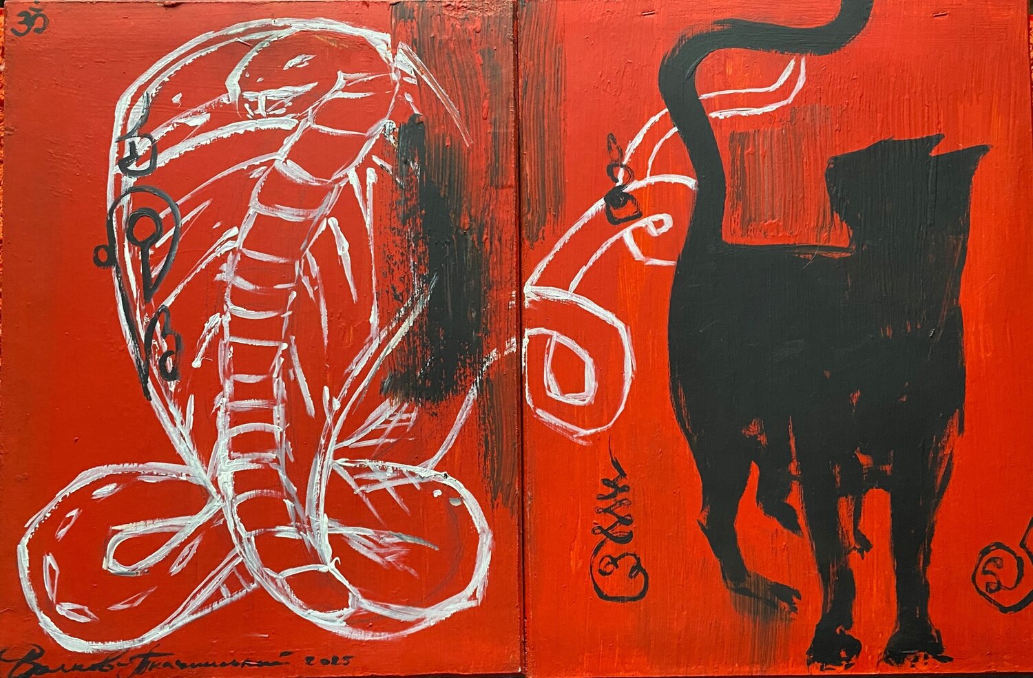 "Diptych Cobra and a Black cat on red" Igor Volkov-Tkachinskiy