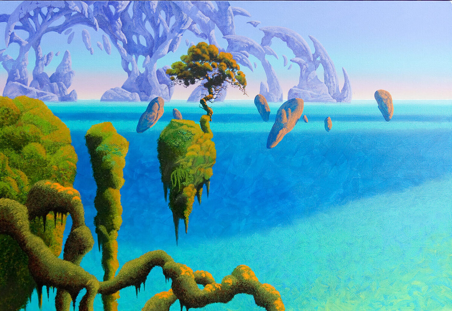 Green Parrot Island Roger Dean Dipinto originale in vendita