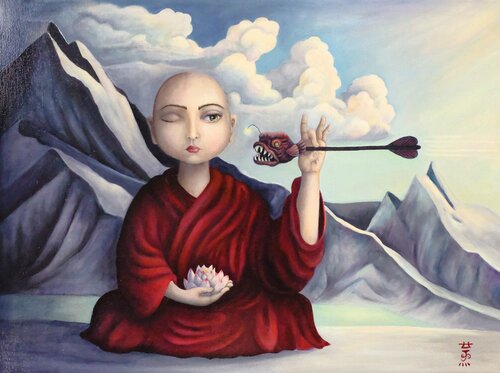 Stillness (Surreal, Symbolism, Contemporary Pop, Colorful, Vibrant) de Stella Jae, Pintura a la venta en Singulart