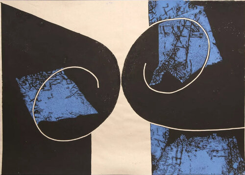 Untitled (Abstract, Modern, Dark, Blue, Linocut) von Martel Wiegand, Druck kaufen auf Singulart