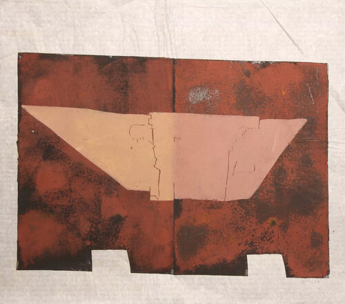 Untitled (Abstract, Modern, Earth-tone, Red, Linocut) von Martel Wiegand, Druck kaufen auf Singulart