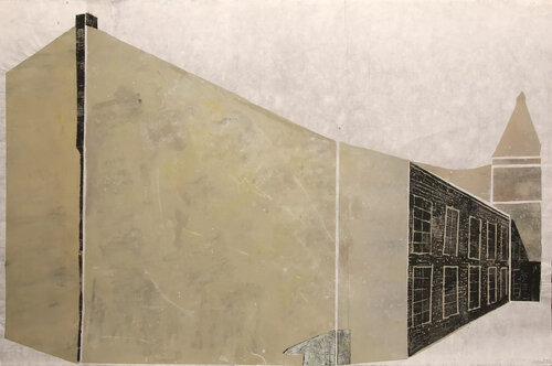 Untitled (Architectural Abstract, Modern, Beige, Brown, Linocut) von Martel Wiegand, Druck kaufen auf Singulart
