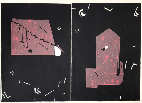 Untitled (Abstract, Modern, Black, Red, Linocut) von Martel Wiegand, Druck kaufen auf Singulart