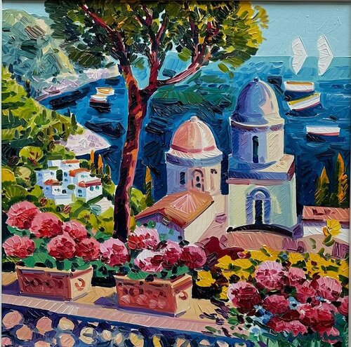Vasi di gerani a Ravello  by Athos Faccincani, Painting for Sale on Singulart