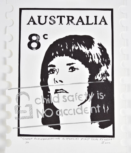 Stamp acknowledging Australia's first trial by Media von Clayton Tremlett, Druck kaufen auf Singulart