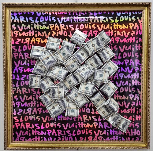 Fashion holographic print / picture / painting  / wall decoration with bundles of dollars and gold frame - Limited edition von Patryk Konrad Patora, Andere Medien kaufen auf Singulart