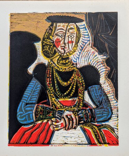Original Linocut, Woman portrait after Lucas Cranach, 1962 van Pablo Picasso, Werk op papier te koop op Singulart