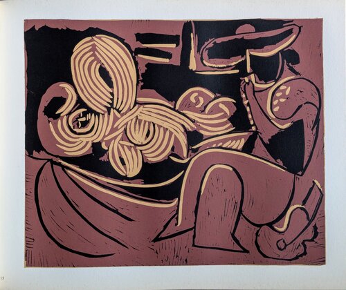Original Linocut - Woman and Man with guitar, 1962 van Pablo Picasso, Werk op papier te koop op Singulart