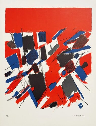 Abstraction on Red - Hand-Signed Lithograph, 1959 di Jacques Germain, Opera su carta in vendita su Singulart