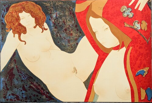 Two Girls, Hand-Signed Lithograph in colors, 1970's by Alain Bonnefoit, Work on Paper for Sale on Singulart
