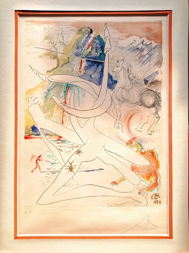 The Laser Unicorn Disintegrates the Horns of the Cosmic Rhinoceros-Hand-Signed Drypoint with lithograph and Embossing, 1974 par Salvador Dalí, Œuvre sur papier en vente sur Singulart