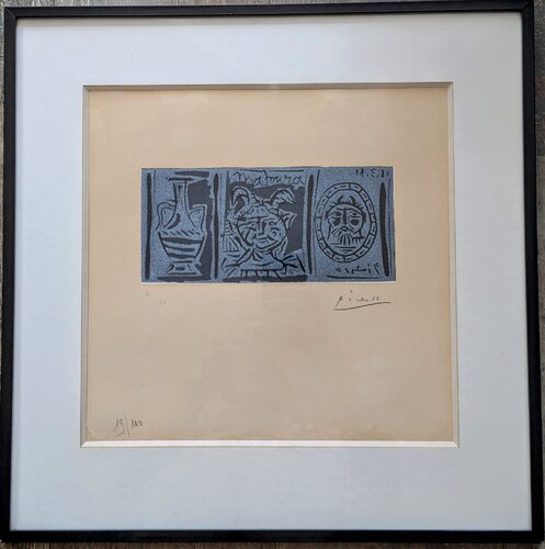 Rare Hand-Signed Linocut in colors-Pottery and Fauns at Vallauris, 1961 di Pablo Picasso, Opera su carta in vendita su Singulart