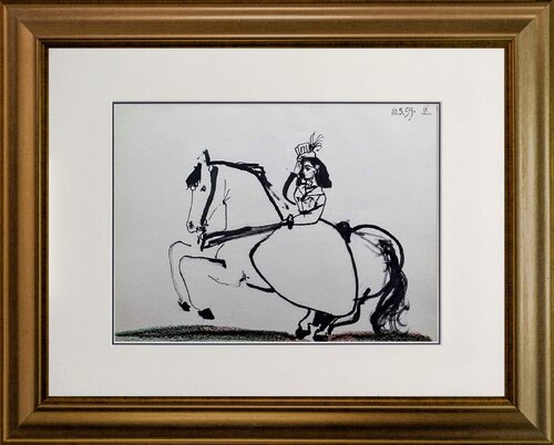 Jacqueline riding- Color lithograph, 1961 van Pablo Picasso, Werk op papier te koop op Singulart