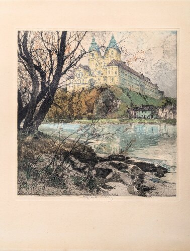 Melk Abbey - Rare Hand-Signed Etching, Hand-Coloured by Luigi Kasimir, 종이 for Sale on Singulart