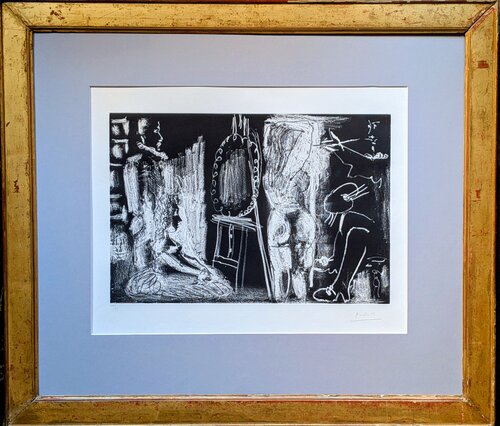 Pablo PICASSO-Visitors in the Artist Studio (Dans l'Atelier)-Hand-Signed Original Etching and Aquatint with Lithographic Crayon, 1966 van Pablo Picasso, Werk op papier te koop op Singulart